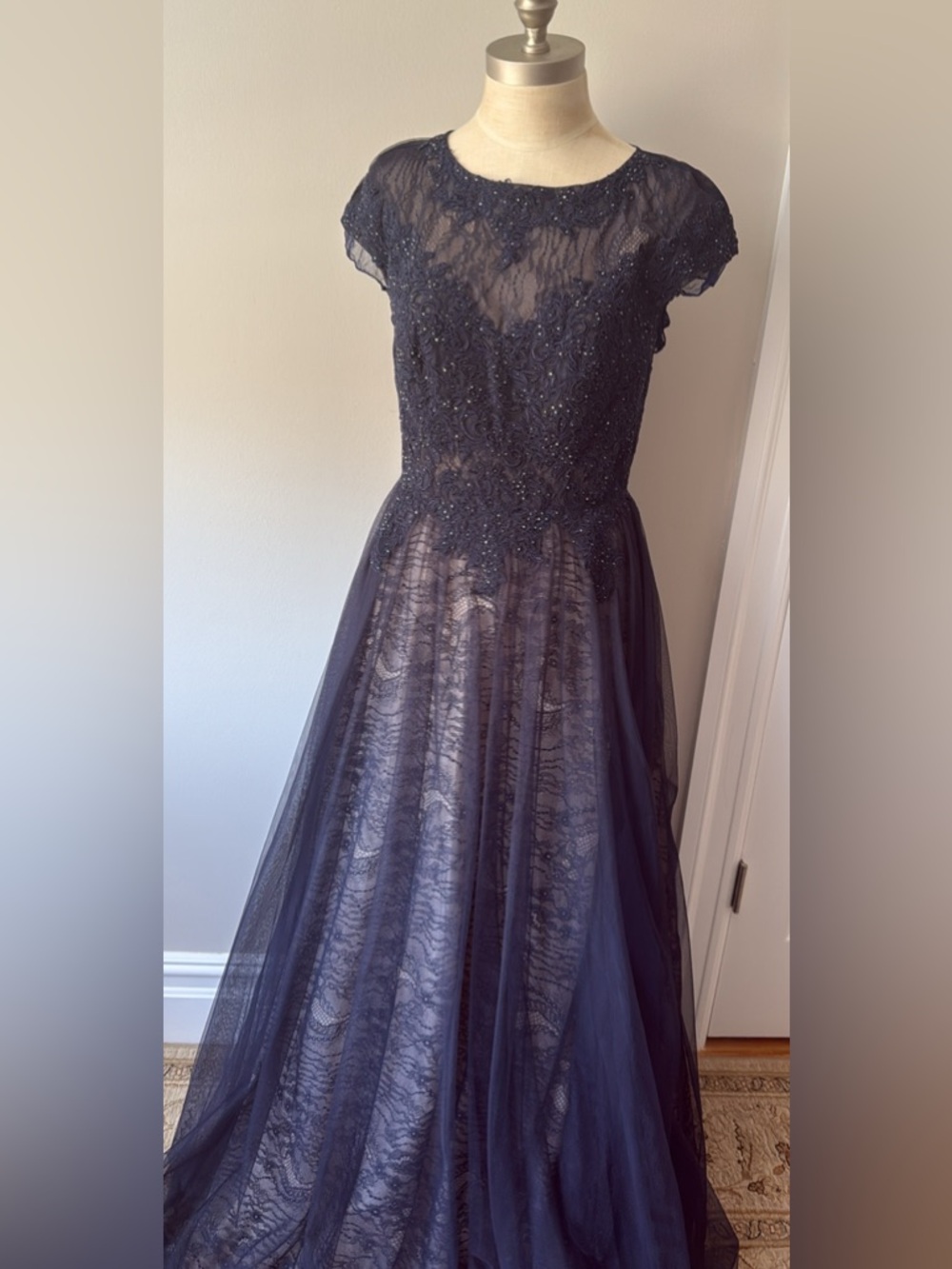 Xscape Navy Blue Lace Beaded Asymmetrical Evening Gown